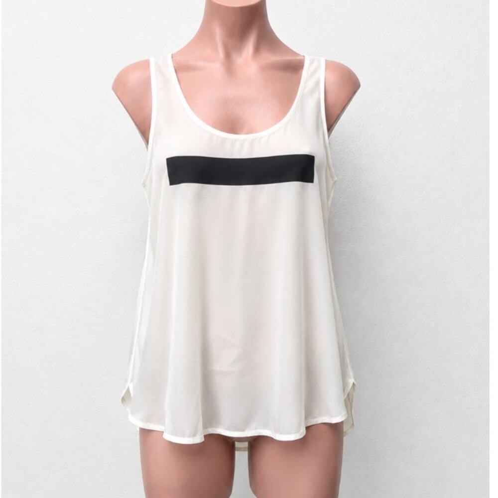 Allsaints Off-White 100% Silk Long Line Tank Top Black Rectangle Block Front 8